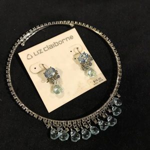 NWT Liz Claiborne rhinestone and blue gem choker/earring matching set
